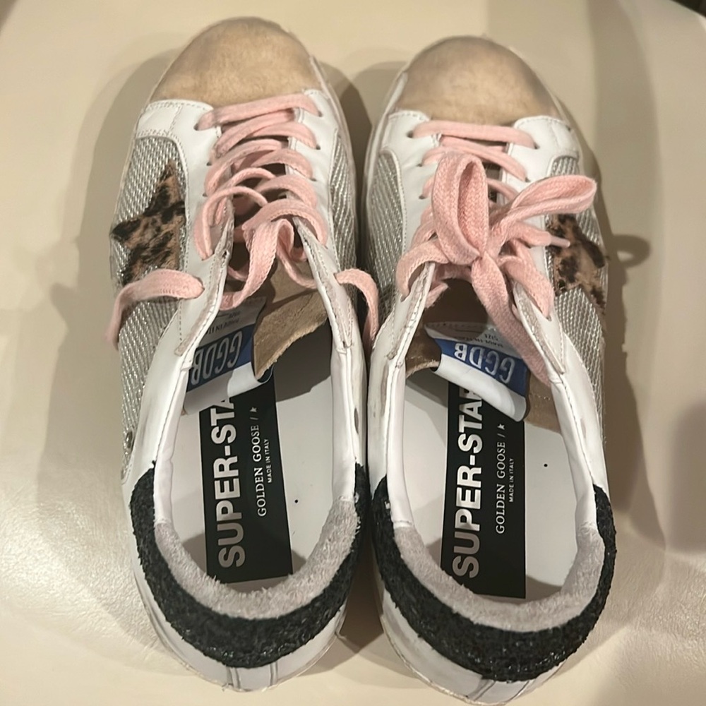Golden Goose White Sneakers with Pink Laces and Black Heel - Picture 2 of 6